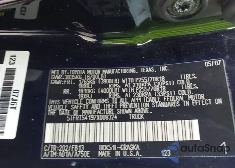 2007 Toyota Tundra Sr5 4.7L V8 from USA, damaged, VIN 5TFRT54197X008324